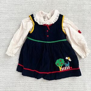 Baby Togs Vintage 70s Cottage Blue Corduroy Cat Tree Overall Jumper Dress 4T